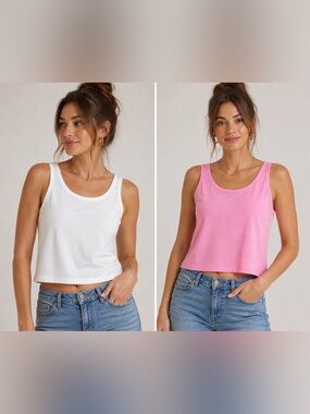 (A4) Pink and White Cotton Relaxed cropped Tank Tops - Set of 2